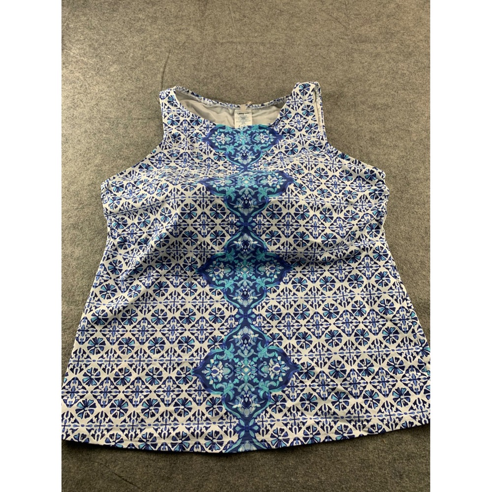 Lands End Blue White Geometric Tile Print High Neck Tankini Swim Top Womens 18‎